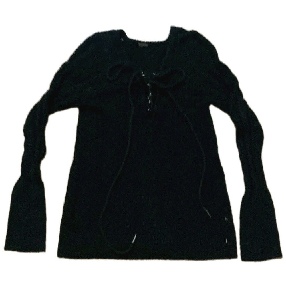 Free People Lace Up Sweater Womens Medium Black Cable Open Knit Boho Moto Goth‎